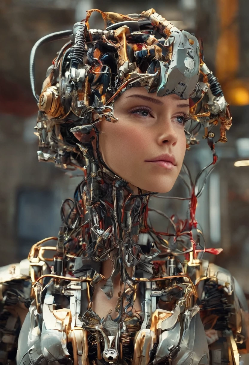 (((masterpiece))), ((best quality)), ((ultra-detailed)), (CG illustration), (an extremely devious and beautiful)), (cute desktop face), cinematic light, ((1 mechanical girl)), single, full, (machine-made joints). : 1.4), ((mechanical limb)), (blood vessel attached to tube), ((mechanical spine attached to back)), ((mechanical cervical vertebrae attached to neck), ((war machine)), expressionless, (wires and cables attached to head and body: 1.5), (character focus), science fiction