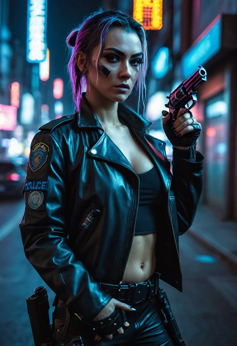 In a cyberpunk city, a police woman, point her revolver at a criminal, It’s night and the lights of the flashing lights illuminate her face,