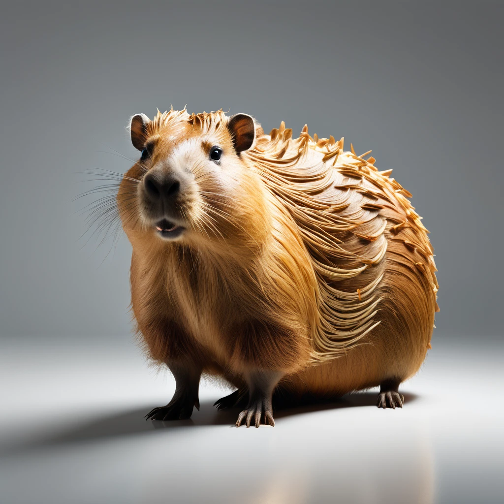 ((Ultra-high-definition masterpiece, with hyper-realistic style)). | A hyper-realistic image of a capybar made entirely of croissant, positioned on a pure white background. The capybara should be portrayed with an extreme level of detail, highlighting the crunchy texture and the layers of the croissant in a realistic way. Every detail, from the curves of the body to the small details of the "skins" made of croissant, must be meticulously represented, faithfully imitating the shape and structure of a capybara. | The composition should show the capibara in a centralized way, with soft lighting to highlight the textures of the croissant and create a clean and detailed image. | The image should capture the essence of the capybara, with a clear lighting and a white background that accentuates the unique and creative nature of the concept. | ((((((full body image)))), ((perfect texture, perfect detail, ultra detailed, enhance details, correct imperfections):1.2), ((More Detail, Enhance)).