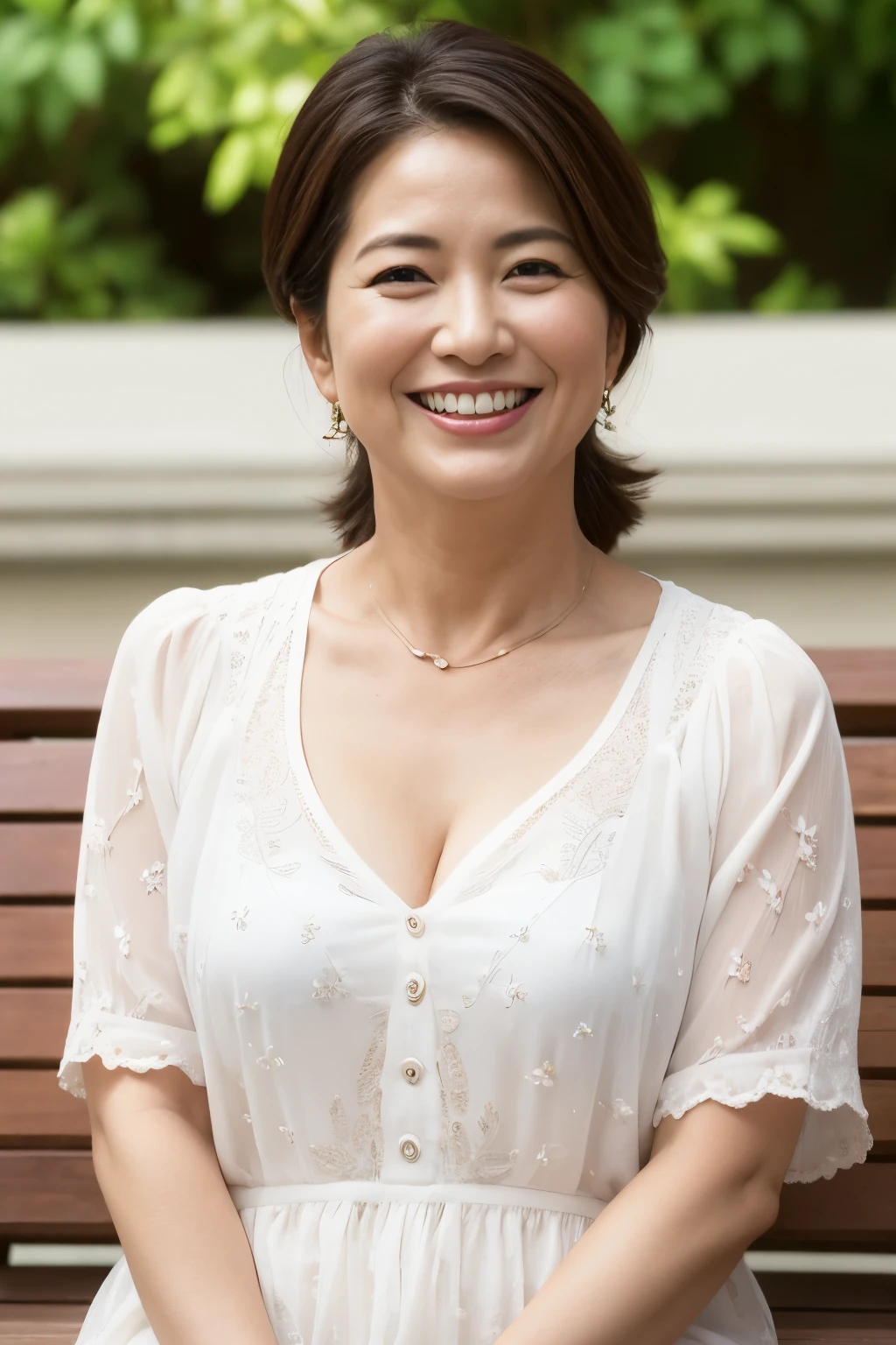 8k wallpaper, masterpiece, Highest quality, Super detailed, One Mature Woman, 50 years old, Become very clear, Wearing a short-sleeved blouse, Skin dents, Captivating smile, Looking at the audience, Cleavage, plump, Curvaceous, Fascinating face, Smiling with teeth showing, Wrinkles around the eyes, Sitting on a park bench, Background Blur