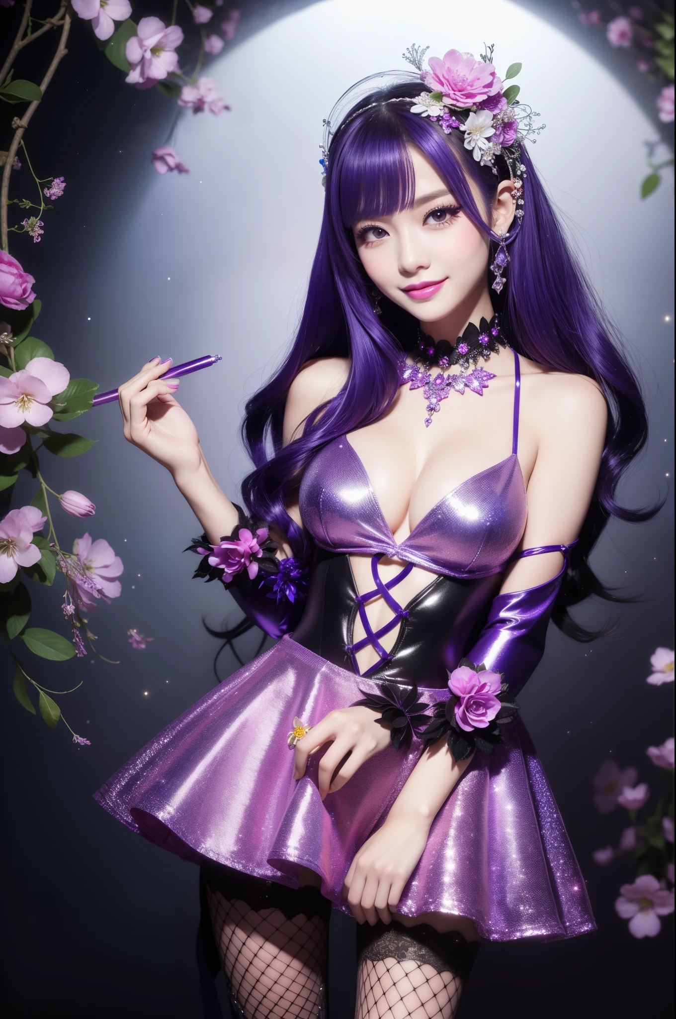 beautiful sexy model who controls poison、beautiful smile、lipgloss、long lashes、intense makeup、look at the camera、full body Esbian、、sparkling poisoned flower costume、、、、shiny sparkling multicolor hair、secrete poison、skull hair accessories、fishnet tights、shiny sparkling flowers background