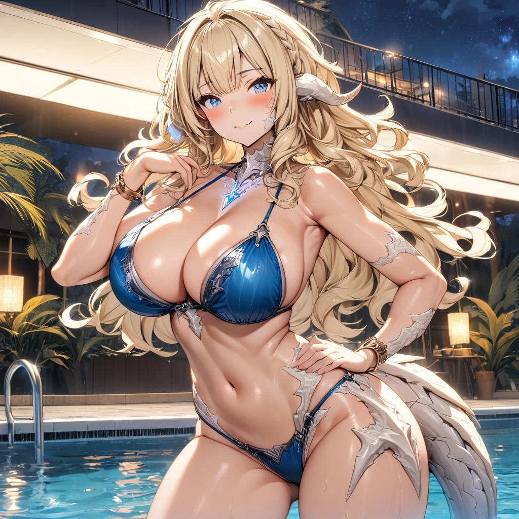 (masterpiece), best quality, expressive eyes, perfect face,1girl,warrior of light \(ff14\),bare shoulders,au ra,(white scales,white dragon tail,white horns),bangles,crystal necklace,big breasts,cleavage,shiny blue string bikini,swimming pool,(night:1.1),sexy pose,bewitching pose,standing,head tilt,cowboy shot,blonde hair,wavy hair,blue eyes,(standing,contrapposto:1.4),smile,blush