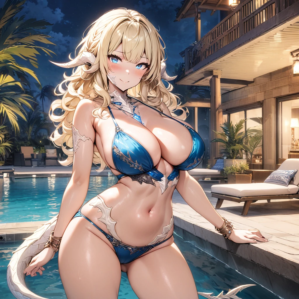 (masterpiece), best quality, expressive eyes, perfect face,1girl,warrior of light \(ff14\),bare shoulders,au ra,(white scales,white dragon tail,white horns),bangles,crystal necklace,big breasts,cleavage,shiny blue string bikini,swimming pool,(night:1.1),sexy pose,bewitching pose,standing,head tilt,cowboy shot,blonde hair,wavy hair,blue eyes,(standing,contrapposto:1.4),smile,blush