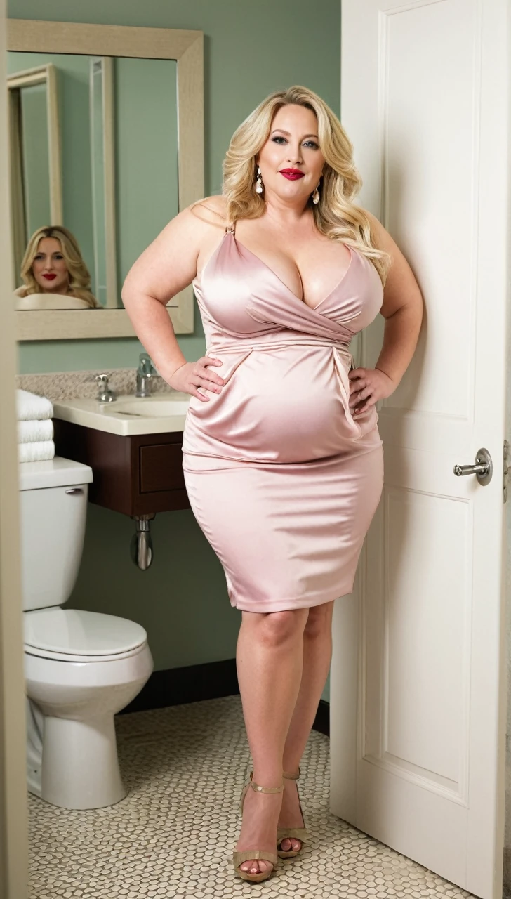 woman, blonde, chubby, natural cleavage, 40 years old, caucasian, chubby, bbw, full body picture, big hips, blonde hair, bathroom, saggy breasts, casual pose, 40 years old woman, mature woman, elegant party dress, make-up, lipstick, elegant long straight blonde hair