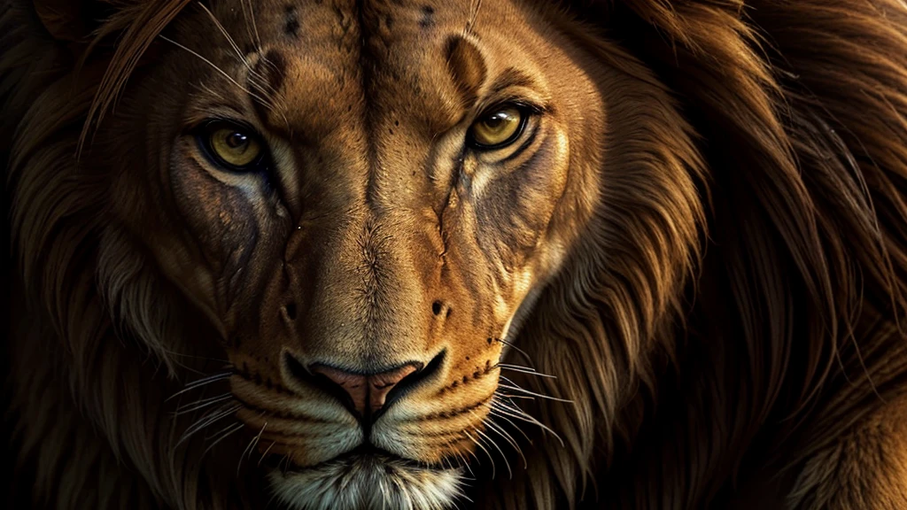 close-up, cinematic, ultra-realistic, full HD, 4K image of a majestic lion, with a penetrating gaze, composition following the golden ratio, digital painting, with breathtaking details and HD resolution.