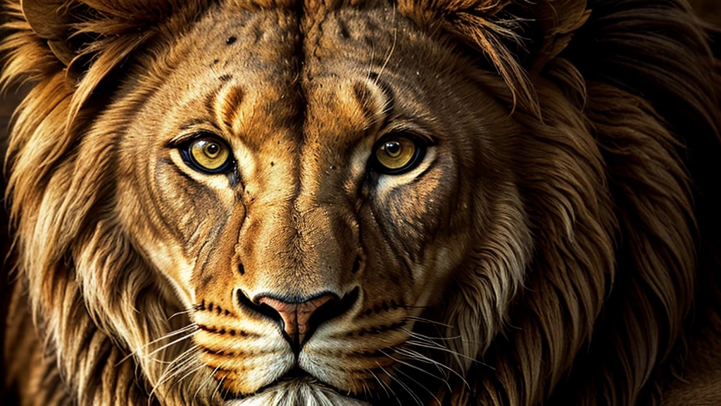 close-up, cinematic, ultra-realistic, full HD, 4K image of a majestic lion, with a penetrating gaze, composition following the golden ratio, digital painting, with breathtaking details and HD resolution.
