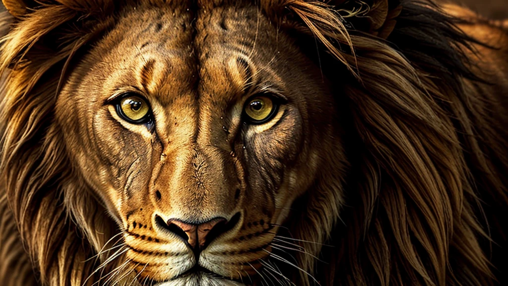 close-up, cinematic, ultra-realistic, full HD, 4K image of a majestic lion, with a penetrating gaze, composition following the golden ratio, digital painting, with breathtaking details and HD resolution.