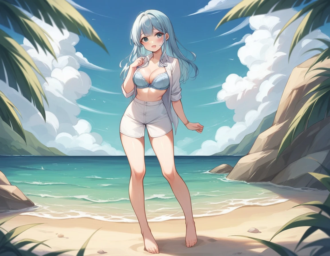 A cute white dress shirt and a skin-tight light blue bra.、Cute light blue bra、Cross your arms and push your bra up、She held up her miniskirt with her hands.、She showed off her light blue and white striped underwear..、Cute light blue underwear、Girl trying to take off her underwear、Sandy Beach, Beautiful sea and blue sky、barefoot、Standing posture、