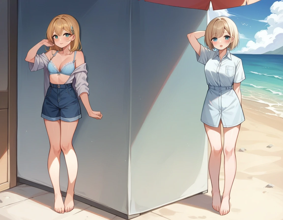A cute white dress shirt and a skin-tight light blue bra.、Cute light blue bra、Cross your arms and push your bra up、She held up her miniskirt with her hands.、She showed off her light blue and white striped underwear..、Cute light blue underwear、Girl trying to take off her underwear、Sandy Beach, Beautiful sea and blue sky、barefoot、Standing posture、
