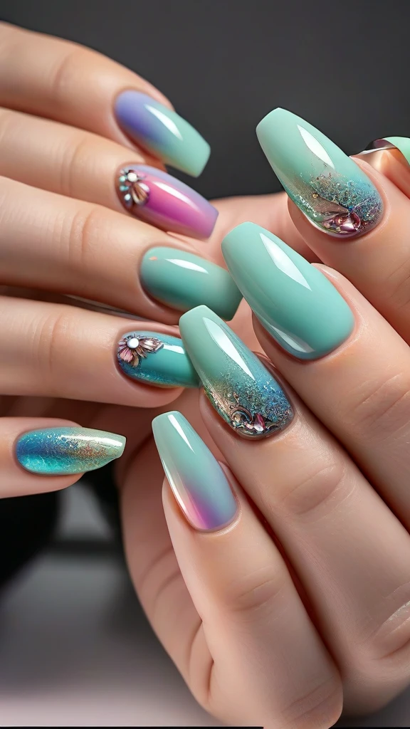 a detailed close-up of vibrant colorful nails with intricate nail art, multiple unique nail designs, shiny metallic nails, neon glitter nails, holographic nail polish, 3d nail decorations, gemstone embellished nails, abstract nail art patterns, ombre nails, (best quality,4k,8k,highres,masterpiece:1.2),ultra-detailed,(realistic,photorealistic,photo-realistic:1.37),macro photography,studio lighting,professional nail salon