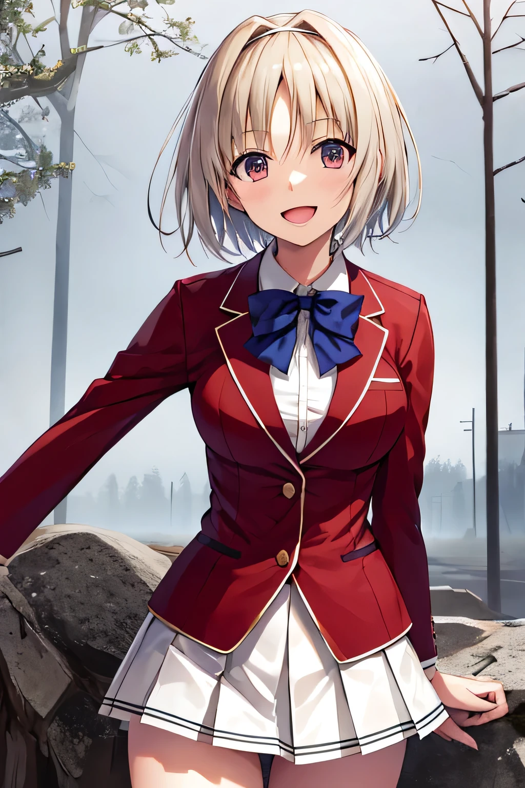 masterpiece, Highest quality, High resolution, Akiyo, short hair, Hair Intake, White hair band, Blue bow tie, Collared shirt, blazer, Red jacket, Long sleeve, White Skirt, Pleated skirt, Black socks, Cowboy Shot, Are standing, Outdoor, Straight, Arms at your sides, smile, Open your mouth,