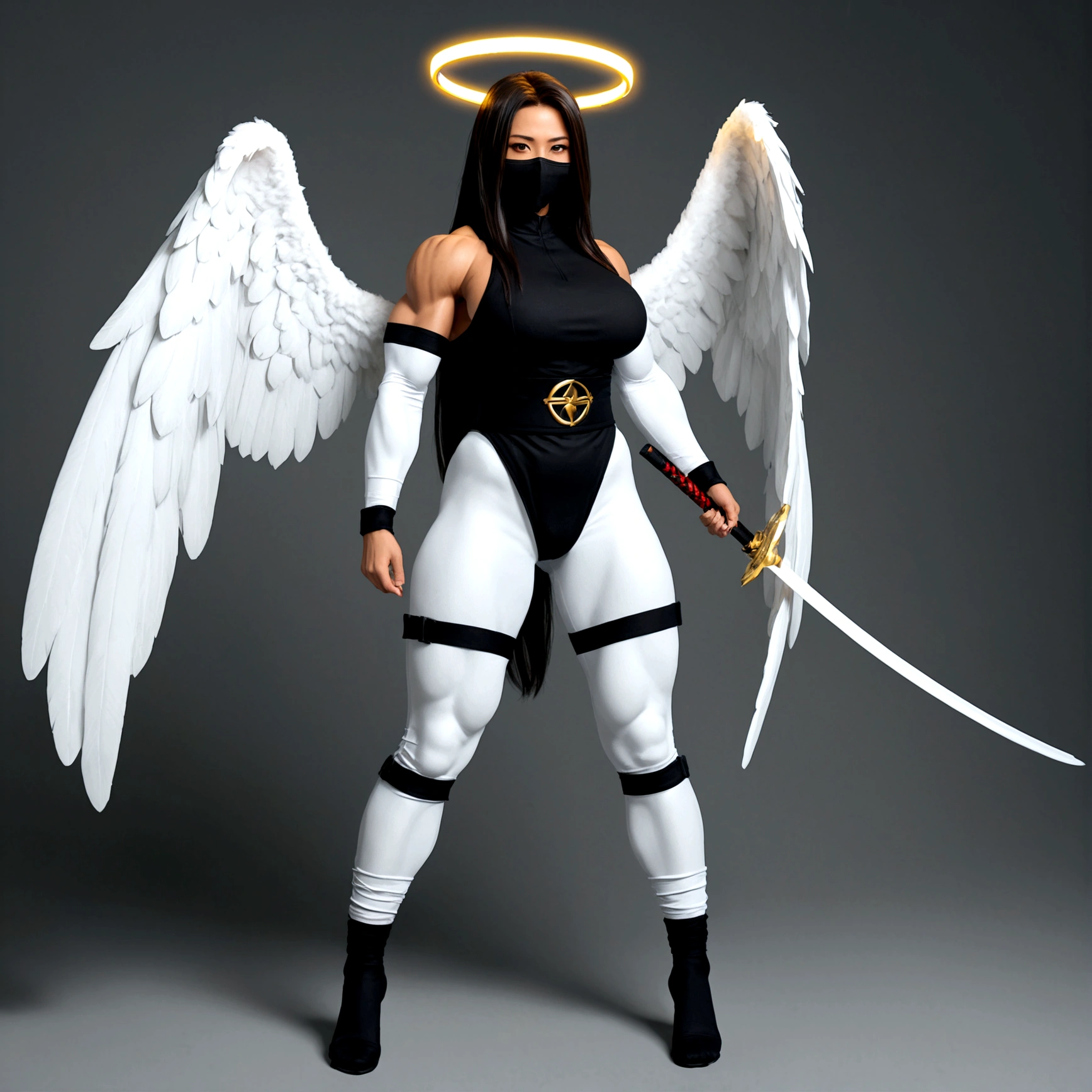 Angel girl, gigantic muscular body, big white wings, halo, ninja outfit, ninja mask, long hair, full body.