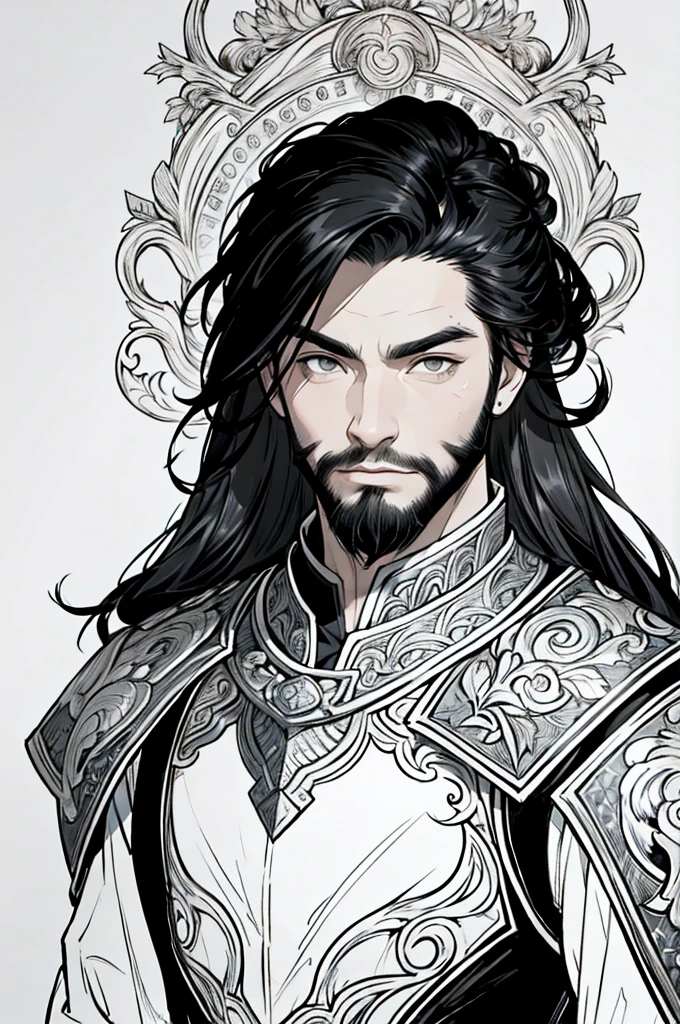 (masterpiece)，(Very detailed)，(Very detailed)，(best quality), lineart, one asian man, ((portrait)) tall, armor, ((black bun hair)) attachés, visage marqué par l'expérience. black eyes, barbe très courte soigneusement taillée. warrior fantasy, beautiful face, animated style, perfect face, highest detail, stubble, detailed face, clothes, intricate details, fantasy background, expressionless, solo,
