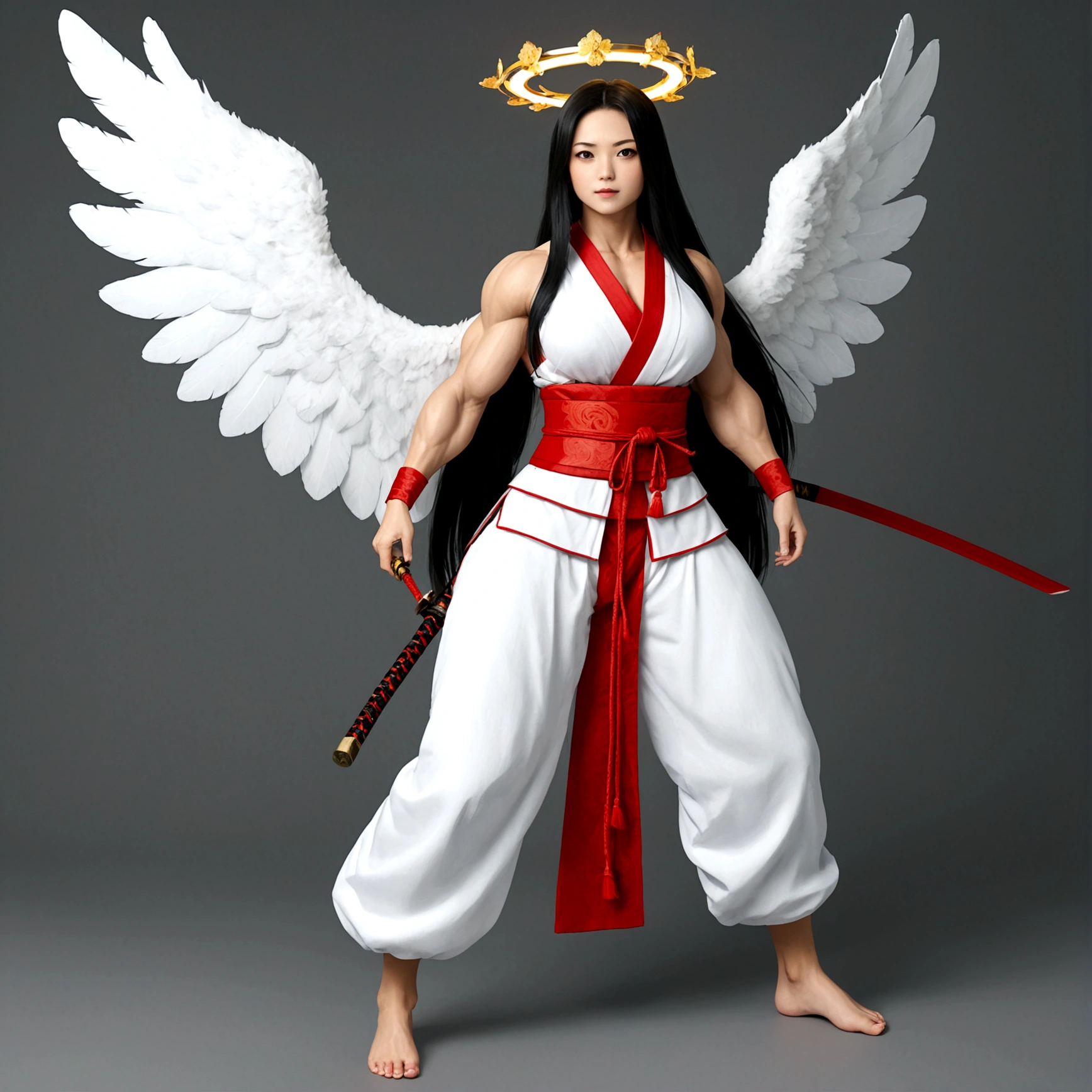 Angel girl, gigantic muscular body, big white wings, halo, samurai outfit, long hair, full body.