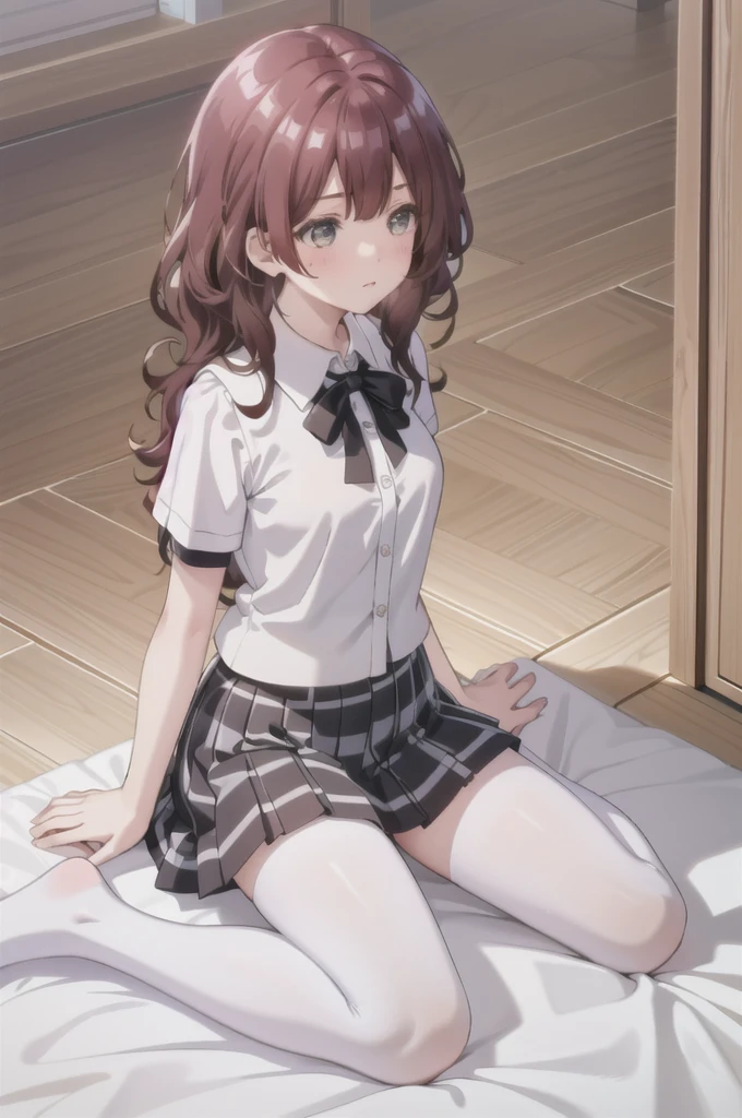 (8K、Best image quality、Highest quality、masterpiece)、One tall girl、((whole body))、Sit on the floor with your legs spread、White panties are visible、Long Hair、Wavy Hair、blush、Medium Bust、White collared shirt、Short sleeve、((Checkered pleated mini skirt))、Classroom Background、((black tights))、Black Pantyhose、((No shoes))