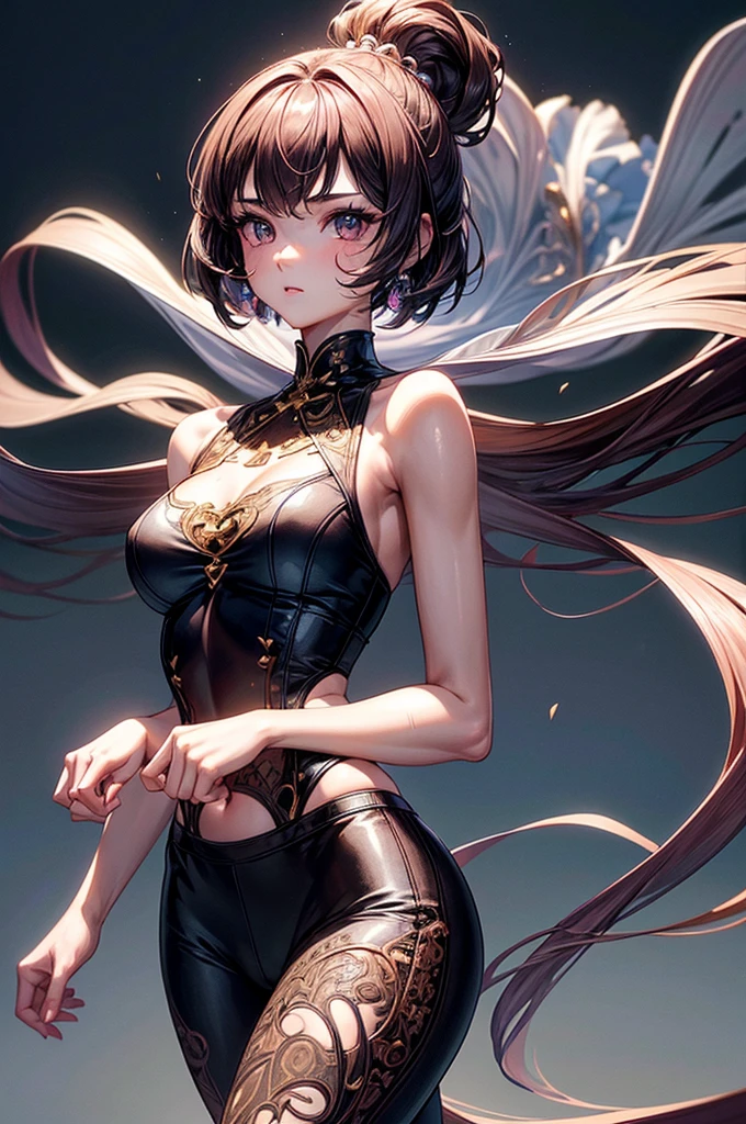 ((highest quality)),(ultra high resolution),(Super detailed),(detailed description),((best CG)),(best work of art),super precision art, great drawing art,(Art with precise details:1.5), (ung girl:1.5), beautiful and well-shaped face:1.5,(Beautiful skin with precise and detailed depiction:1.6),(sleeveless sports bra, elastic yoga shorts ),gorgeous, masterpiece, best quality, high-resolution, finely detailed, extremely detailed and beautiful, distinct-image, 1 girl, 16 year old teen, solo, sharp facial features, oval shaped face. cherry pink lips, lightly tanned white skin. velvet-colored eyes, C-cup breasts, tall height(175cm), slim yet chiseled body type, short shoulder length dark violet-black hair, pixie cut hairstyle, small narrow waist, long and slender legs, curvy wide hips, elegant gothic courtyard setting