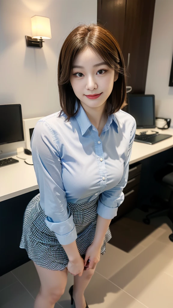 ((top-quality、​masterpiece、photographrealistic:1.4、in 8K))、Beautuful Women１a person、20years old、delicate and beautiful face、Eyes and faces with detailed 、(Modern workplace with computer:1.2)、(Shirt:1.2)、(standing:1.2)、A smile、Beautiful lighting、Textured skin、Super Detail、high detailing、High quality、hight resolution、（looking at the viewers）、Detailed mouth、Opening Mouth、full body Esbian、tight skirts、Women at work、Fishnet Stockings、Coffee、window、Women who can work、high-heels, short hair 