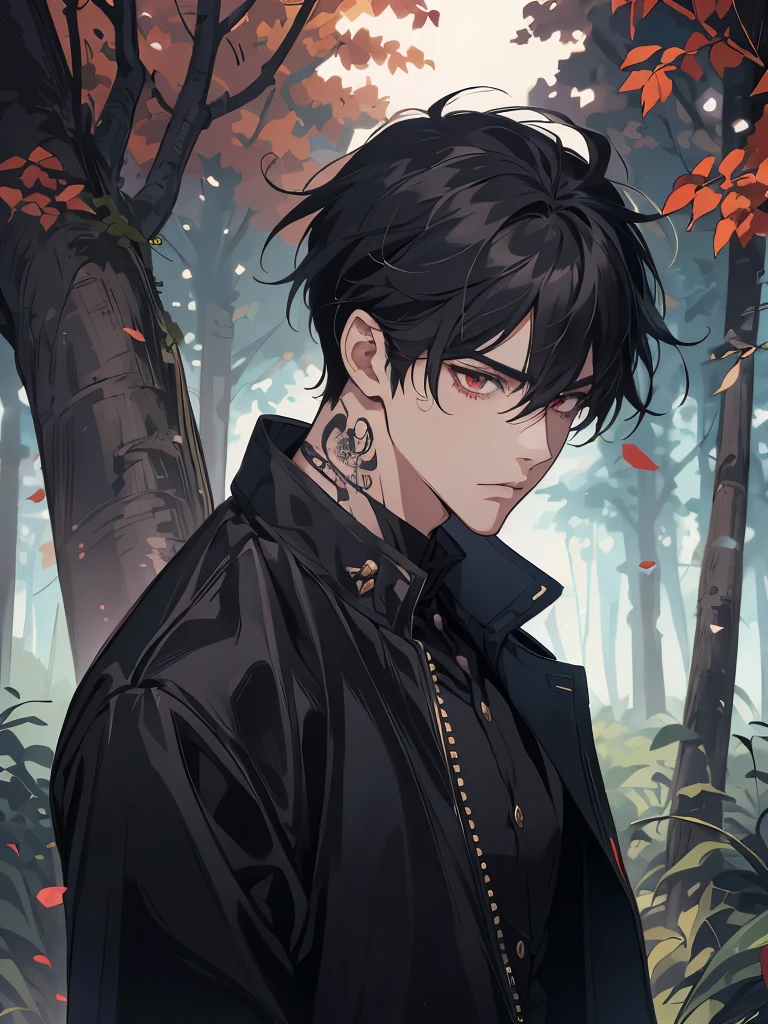 anime - style image of a man in a black jacket, white shirt, handsome guy in demon slayer art, anime lush john 8k woods, male anime style, handsome japanese demon boy, beautiful androgynous prince, anime handsome man, anime portrait of a handsome man, male anime character, badass anime 8 k, artwork in the style of guweiz, red eyes, mad face, beautiful eye, black hair, tenn boy, one boy, rose tatto on neck, best eyes, quality eyes