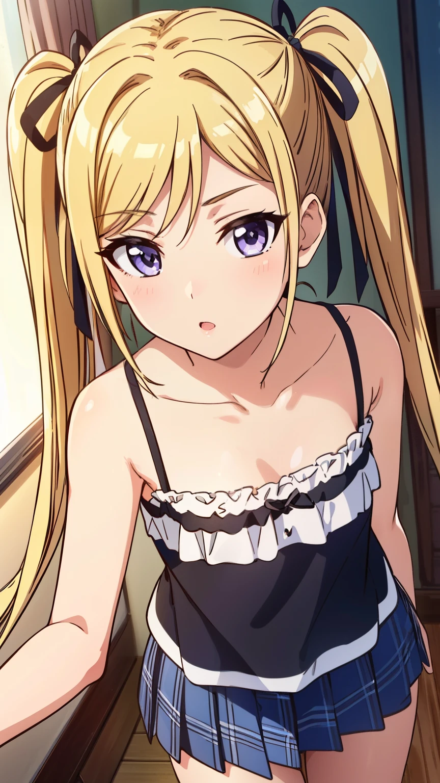 Mafuyuori Fushi, Mafuyuori Fushi, Blonde, long hair, hair accessory, ribbon, twin tails, purple eyes, hair ribbon, (camisole, mini skirt, room), alone,
(masterpiece, best quality), high resolution, unity 8k wallpaper, highly detailed face, perfect lighting, highly detailed CG, stylish pose, stylish angle, looking at the viewer, center of image, cowboy shot,