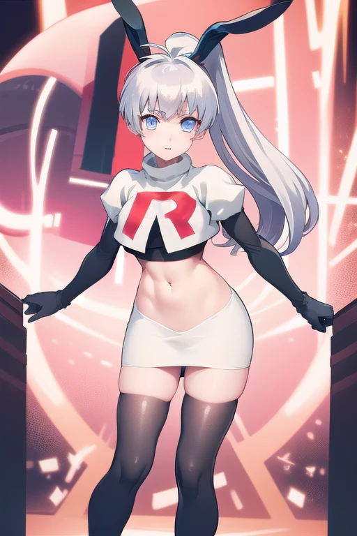 solo, Yashiro Kasumi, twintails, blue eyes, white hair, fake rabbit ears, team rocket,team rocket uniform,white skirt,red letter R,crop top,black thigh-highs,black elbow gloves