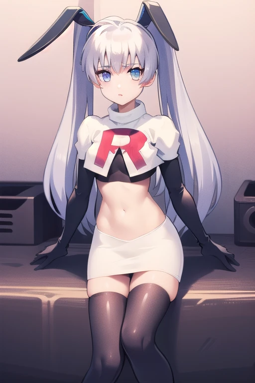 solo, Yashiro Kasumi, twintails, blue eyes, white hair, fake rabbit ears, team rocket,team rocket uniform,white skirt,red letter R,crop top,black thigh-highs,black elbow gloves