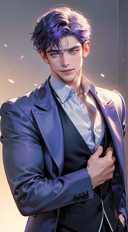 (best quality, masterpiece, 8K, photorealistic, cinematic lighting, 1:4 hdr image, ultra detailed, beautiful image), a mature man, 35 years very handsome, ((cold expression smile in love)), short purple hair, blue eyes, face perfect without mistakes, ((buttoning his jacket, CEO)), smile.