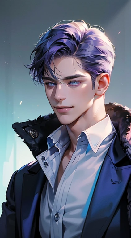 (best quality, masterpiece, 8K, photorealistic, cinematic lighting, 1:4 hdr image, ultra detailed, beautiful image), a mature man, 35 years very handsome, ((cold expression smile in love)), short  purple hair, blue eyes, face perfect without mistakes, ((buttoning his jacket, CEO)), smile.