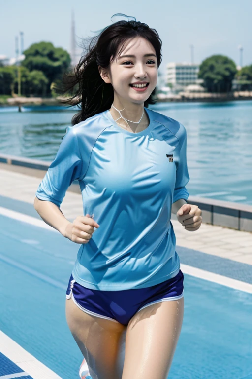 Healthy woman、Running shirt、Swimwear、sneakers、smile、Shining Sweat、Clear skies、Plump、High definition、high resolution、realism、