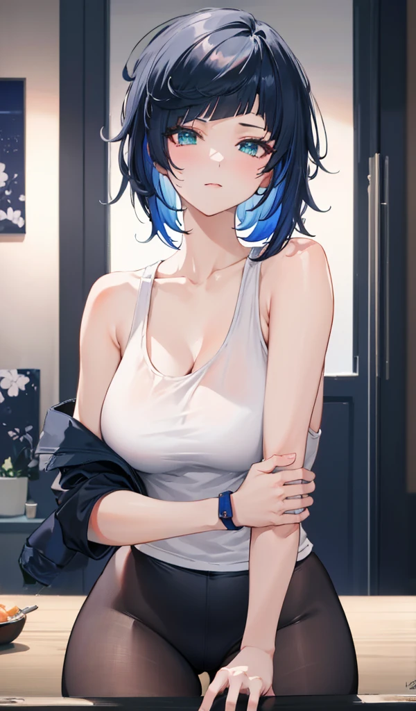 (Wallpaper,8k), (masterpiece, beautiful lighting, vibrant, best Quality), 1 woman, solo, short black hair, Messy hair , tank top, indoor, night