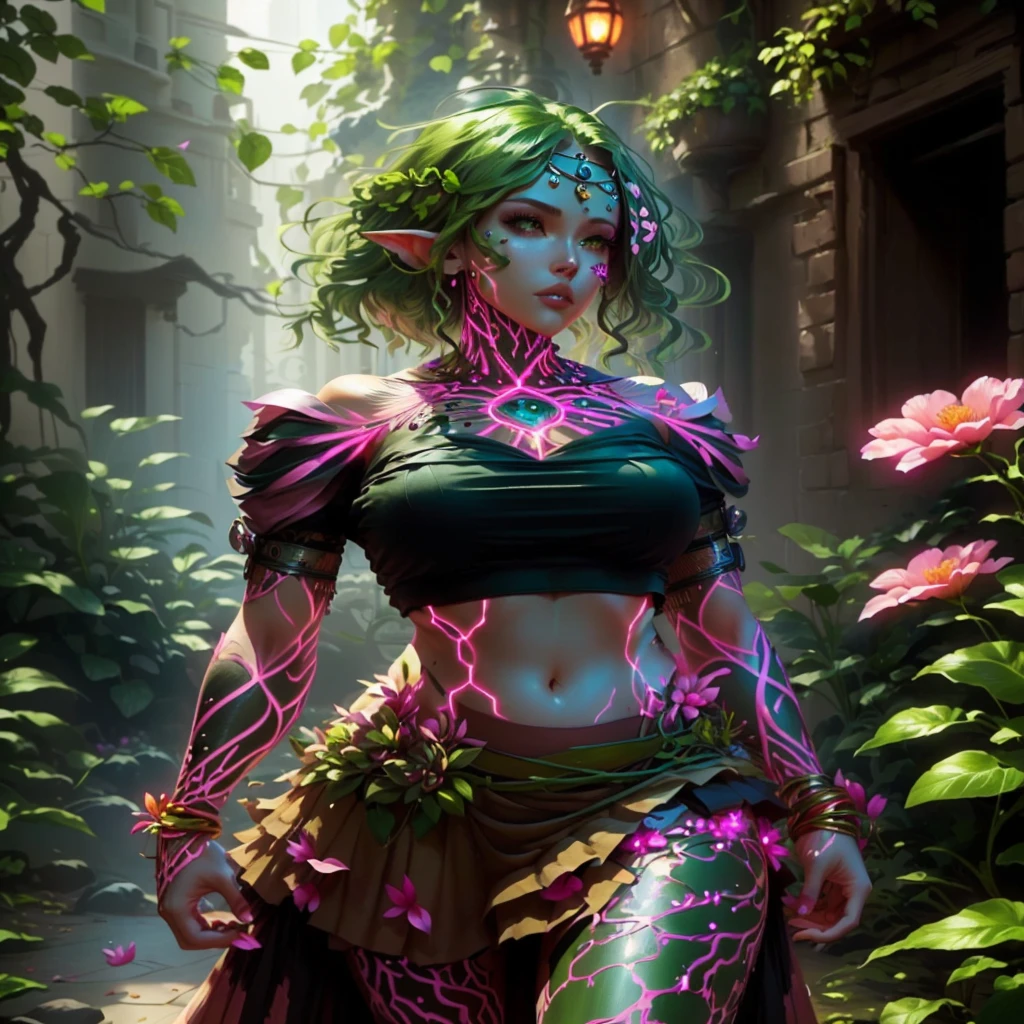 A woman with a pink petal crop top and short skirt, And pink petal bracelets on her wrists and ankles, She has green vines merged with her skin (Green Energy Veins), Alraune, Fantasy Plant species.