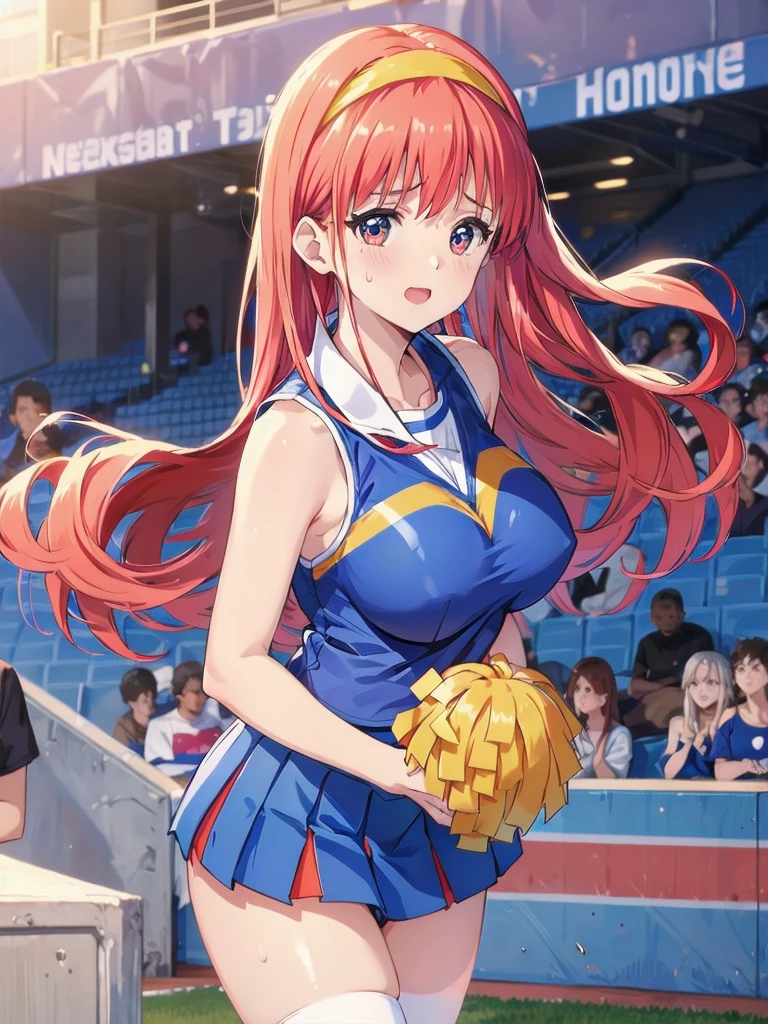 Very cute and beautiful cheerleader girl,(Very exquisite beautiful face and eyes:1.2),(Holding a pom-pom:1.2),(Laugh together),((Big Breasts))、((Sweating all over the body))
(Stadium Stand),Cowboy Shot,Dynamic pose,zettai ryouiki,(Orange sleeveless shirt),Beautiful legs,Skirt flip,White panties,Dynamic Angle,Redhead、Yellow headband、
(Highest quality,masterpiece:1.2),Intricate details,Very detailed,High resolution,1 Girl,Looking at the audience,
Natural light,Hair blowing in the wind,Beautifully detailed skies,