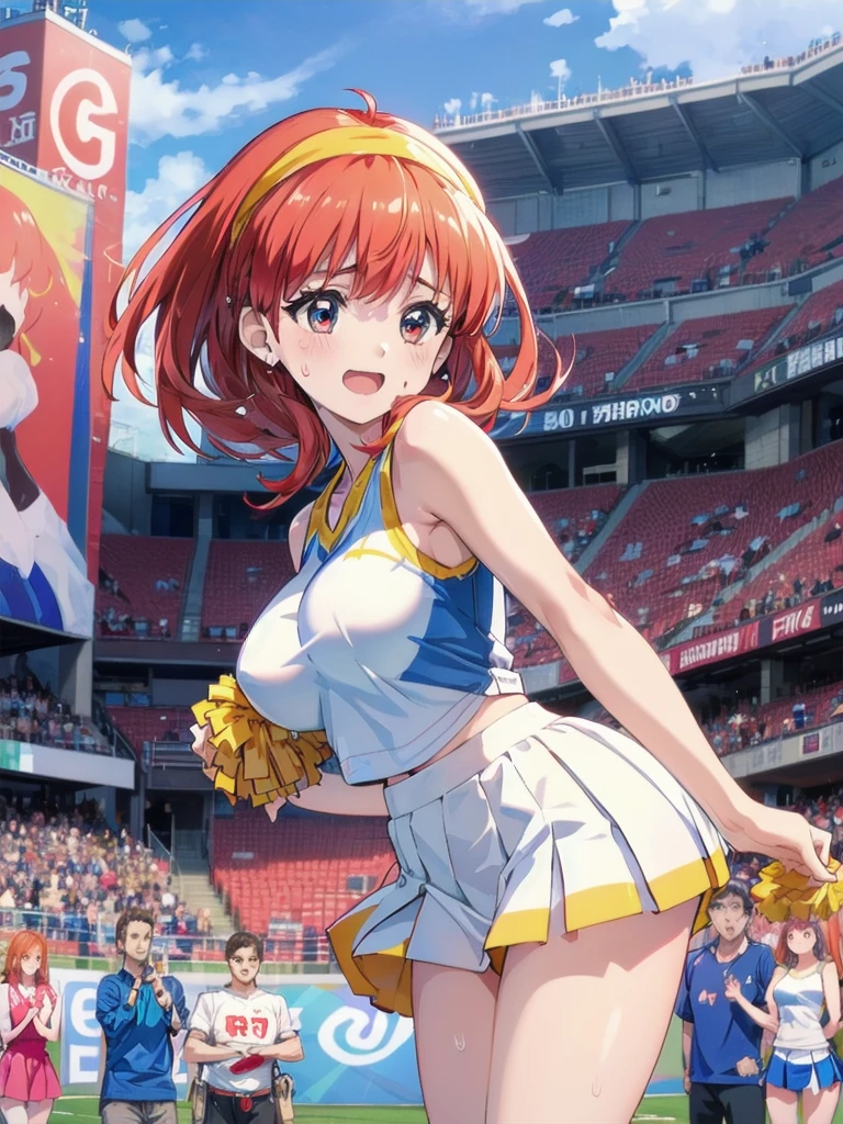 Very cute and beautiful cheerleader girl,(Very exquisite beautiful face and eyes:1.2),(Holding a pom-pom:1.2),(Laugh together),((Big Breasts))、((Sweating all over the body))
(Stadium Stand),Cowboy Shot,Dynamic pose,zettai ryouiki,(Orange sleeveless shirt),Beautiful legs,Skirt flip,White panties,Dynamic Angle,Redhead、Yellow headband、
(Highest quality,masterpiece:1.2),Intricate details,Very detailed,High resolution,1 Girl,Looking at the audience,
Natural light,Hair blowing in the wind,Beautifully detailed skies,