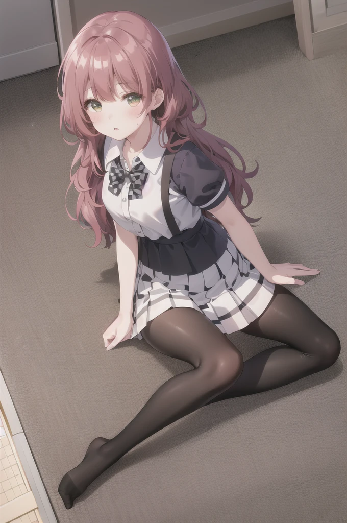 (8K、Best image quality、Highest quality、masterpiece)、One tall girl、((whole body))、Sit on the floor with your legs spread、White panties are visible、Long Hair、Wavy Hair、blush、Medium Bust、White collared shirt、Short sleeve、((Checkered pleated mini skirt))、Classroom Background、((black tights))、Black Pantyhose、((No shoes))