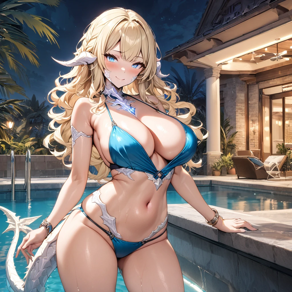 (masterpiece), best quality, expressive eyes, perfect face,1girl,warrior of light \(ff14\),bare shoulders,au ra,(white scales,white dragon tail,white horns),bangles,crystal necklace,big breasts,cleavage,shiny blue string bikini,swimming pool,(night:1.1),sexy pose,bewitching pose,standing,head tilt,cowboy shot,blonde hair,wavy hair,blue eyes,(standing,contrapposto:1.4),smile,blush