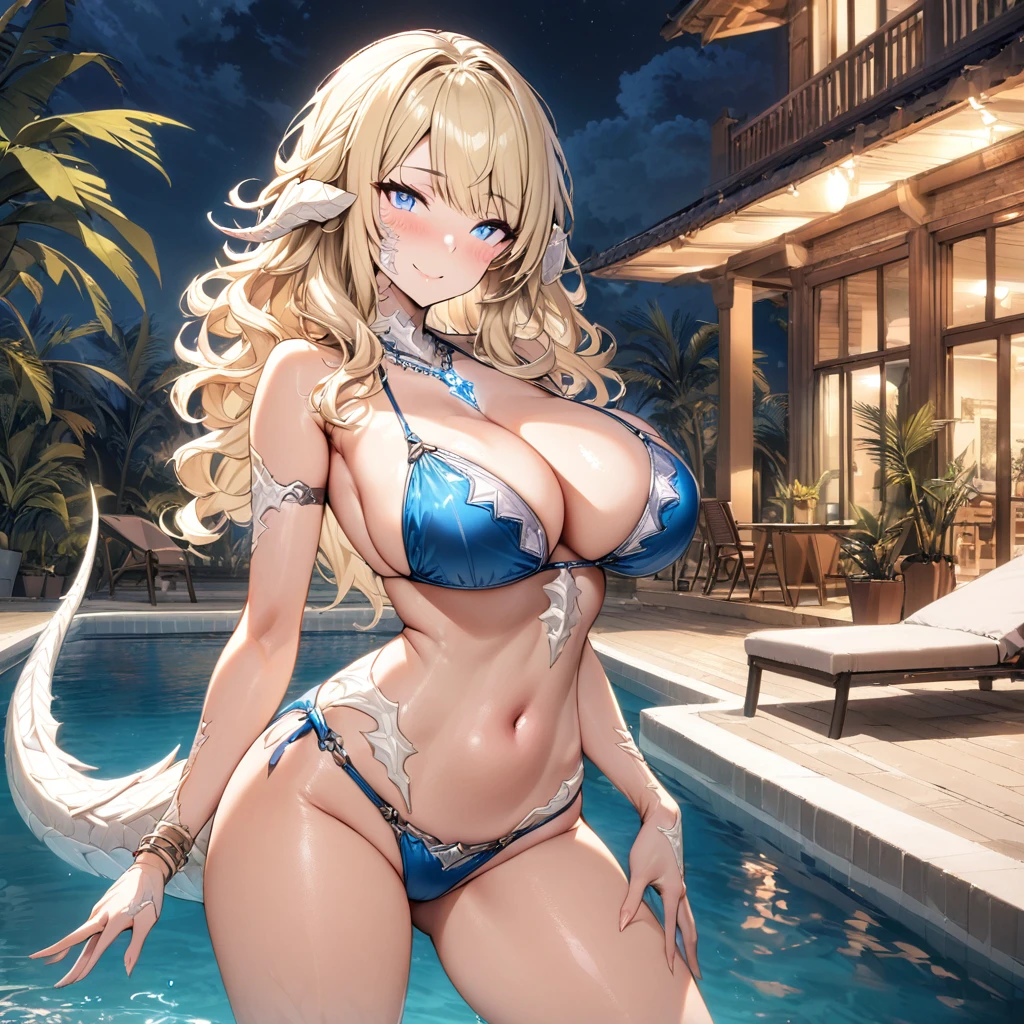 (masterpiece), best quality, expressive eyes, perfect face,1girl,warrior of light \(ff14\),bare shoulders,au ra,(white scales,white dragon tail,white horns),bangles,crystal necklace,big breasts,cleavage,shiny blue string bikini,swimming pool,(night:1.1),sexy pose,bewitching pose,standing,head tilt,cowboy shot,blonde hair,wavy hair,blue eyes,(standing,contrapposto:1.4),smile,blush