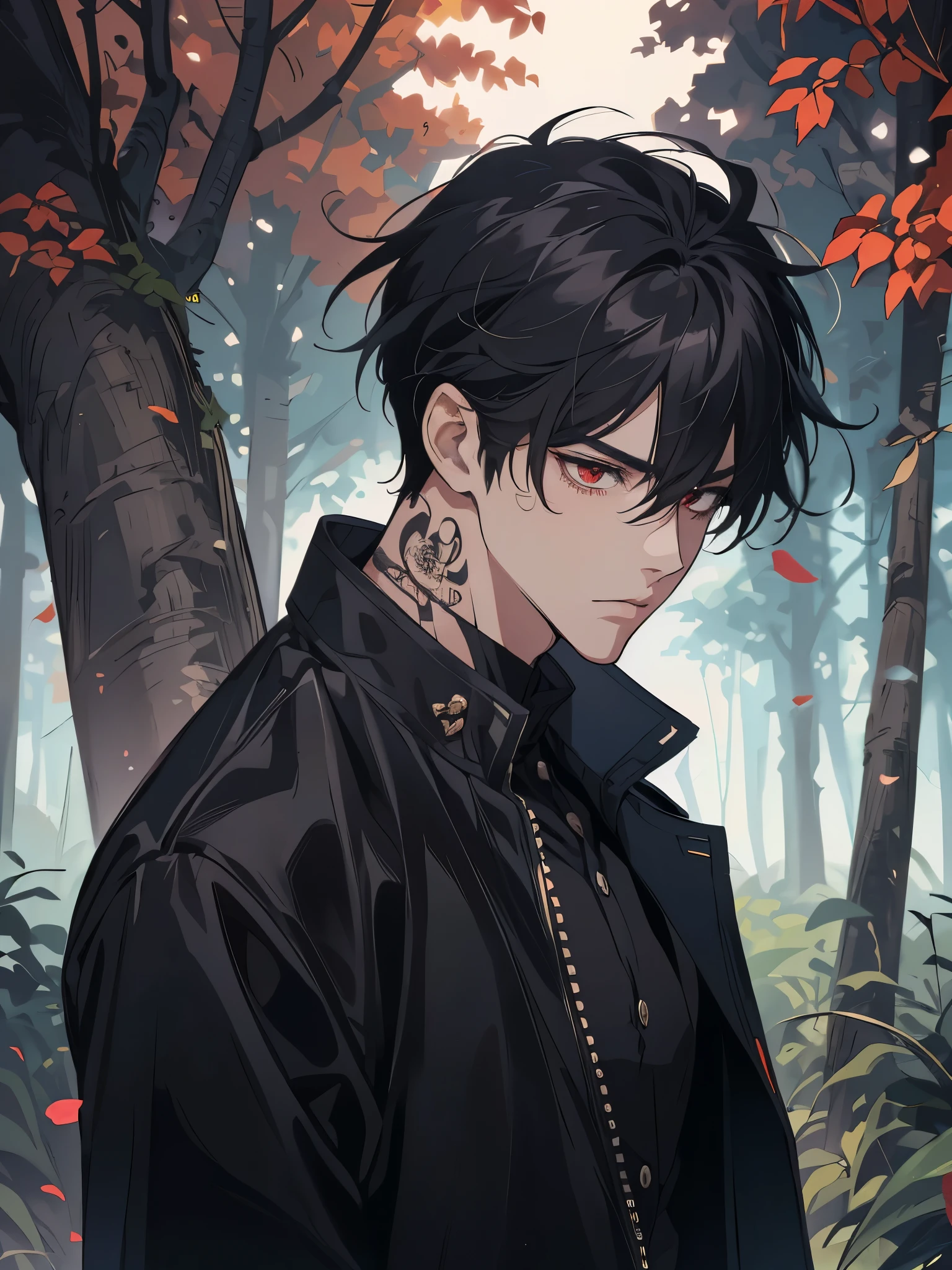 anime - style image of a man in a black jacket, white shirt, handsome guy in demon slayer art, anime lush john 8k woods, male anime style, handsome japanese demon boy, beautiful androgynous prince, anime handsome man, anime portrait of a handsome man, male anime character, badass anime 8 k, artwork in the style of guweiz, red eyes, mad face, beautiful eye, black hair, tenn boy, one boy, rose tatto on neck, best eyes, quality eyes
