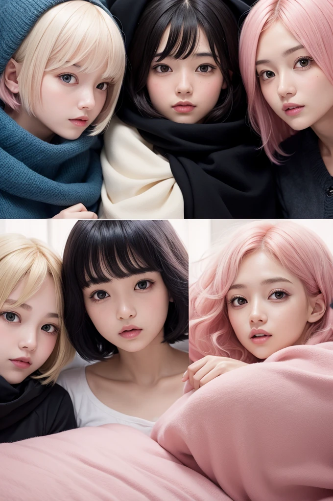 Create a picture of three girls under the blanket. One with short pink hair, one with black hair, one with blonde hair 