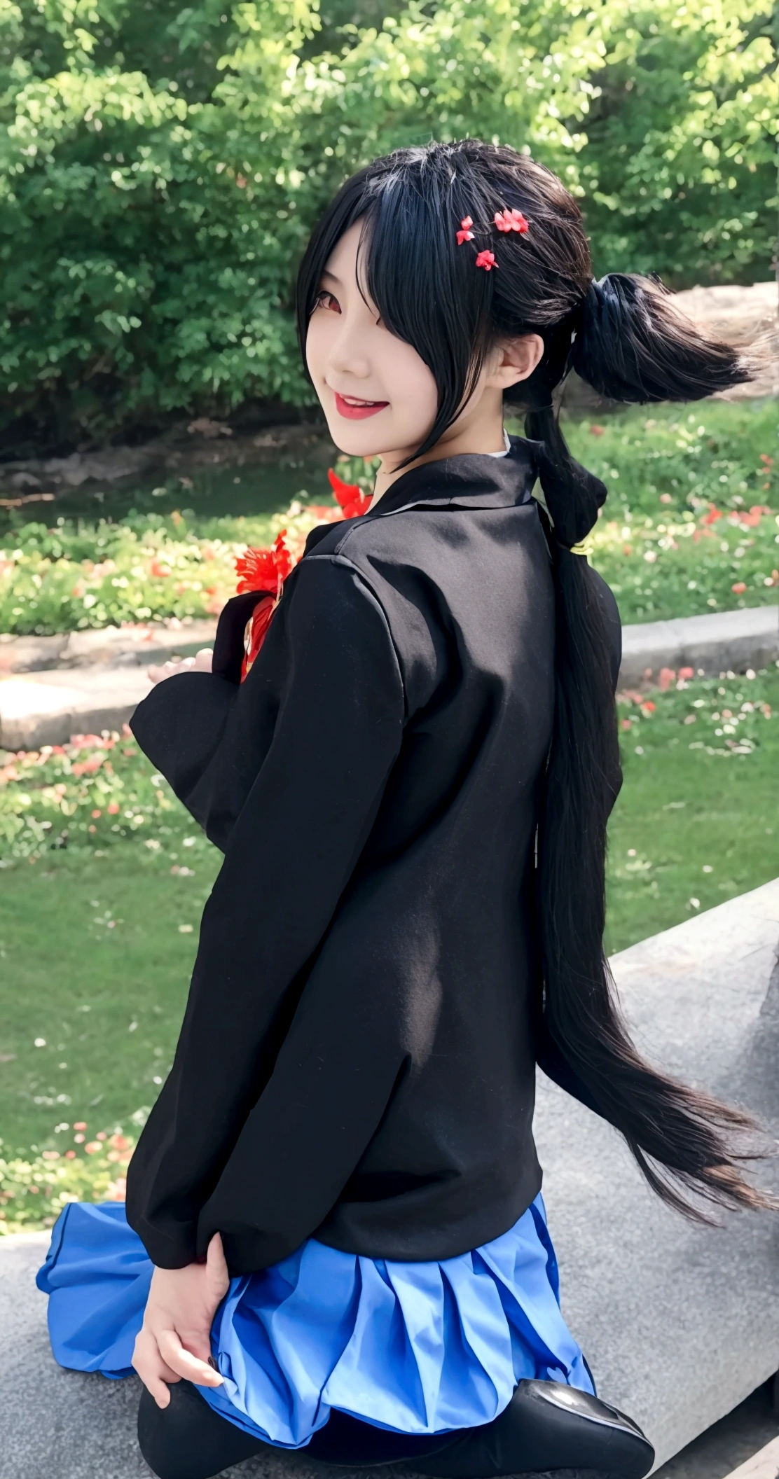 ltra-detailed,highly detailed,best quality,masterpiece,illustration,realistic,photorealistic,
tokisaki kurumi, 1girl, solo,smile,
chinese clothes, china dress, bare shoulders, thighhighs, feather shawl, side slit,
twintails, long hair, hair over one eye, hair bun, double bun, bun cover,
looking at viewer,walking,
branch, outdoors, flower, river, bench, wind,floating hair, falling petals,