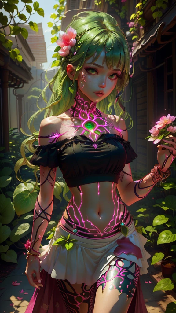 A woman with a pink petal crop top and short skirt, And pink petal bracelets on her wrists and ankles, She has green vines merged with her skin (Green Energy Veins), Alraune, Fantasy Plant species.