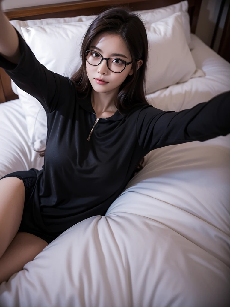 A woman taking a selfie, lying on her bed. at night. dark. sleeping clothes. wearing glasses.
