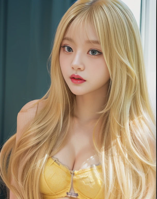 A closeup of a woman with long blonde hair wearing a yellow bra, long blonde hair and big eyes, long blonde hair and big eyes, blonde hair and big eyes, korean girl, beautiful south korean woman, Beautiful young Korean woman, 8k selfie photography, with long blonde hair, Blonde and attractive features., she tit, blonde girl, sexy look at the camera