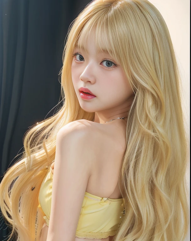 A closeup of a woman with long blonde hair wearing a yellow bra, long blonde hair and big eyes, long blonde hair and big eyes, blonde hair and big eyes, korean girl, beautiful south korean woman, Beautiful young Korean woman, 8k selfie photography, with long blonde hair, Blonde and attractive features., she tit, blonde girl, sexy look at the camera