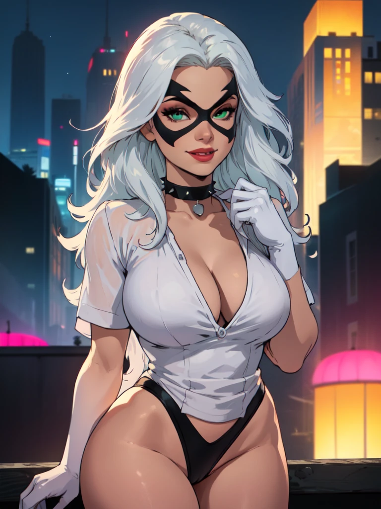 straight-on,looking a viewer, BREAK, cartoony_Felicia_Black Cat Long hair,white colored hair,lipstick,makeup,lips,large breasts,clavicle,red-lips,claws,extra very long hair, mask,((wearing a white tshirt)), (black panties), green eyes, detailed, (wearing a black thong), 1girl, 独奏, long hair, domino mask, full face, happy, smilling, city background,,domino mask,gloves,Choker,white gloves,collar,superhero,skin tight,spiked collar,Jewelry,black choker,glittering,center opening, BREAK, official arts,extremely detailed CG unity 8k wallpaper, perfect lighting,Farbeful, Bright_front_s face_illumination,sparkly skin, (Masterpiece:1.0),(Best_Quality:1.0), extra high resolution,4K,Ultra-detailed, photografic, 8K, HDR, hight resolution, (absurdress:1.2), Kodak portra 400, Film grain, blurred background, (bokeh:1.2), lens flare, (Vibrants_Farbe:1.2),professional photo of a, (Beautiful_s face:1.5), torpedo tits, Hypermuscular Body, Very muscular girl, city background at night, 