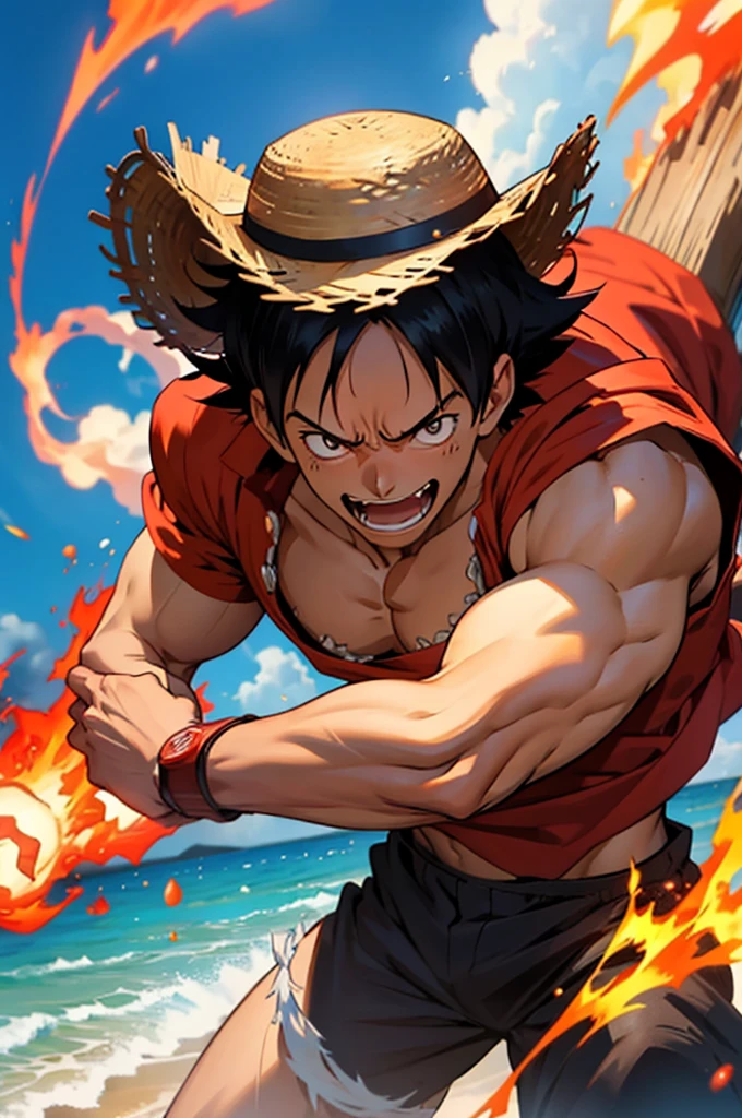 Monkey D. Luffy em sua forma Gear 5, as seen in One Piece. He's in a dynamic pose, with his body engulfed in red and black flames, emanating an intense aura. Your muscles are visibly enlarged, reflecting your increased strength. Luffy has his characteristic confident and determined smile, eyes shining with energy. Your straw hat is firmly placed on your head, and he's wearing his iconic pirate costume, with the straw hat flag visible. The background shows a tumultuous maritime environment, with waves and dark clouds, highlighting your aura of power. Image quality is detailed, with crisp textures and vibrant colors, capturing the full intensity of the moment.