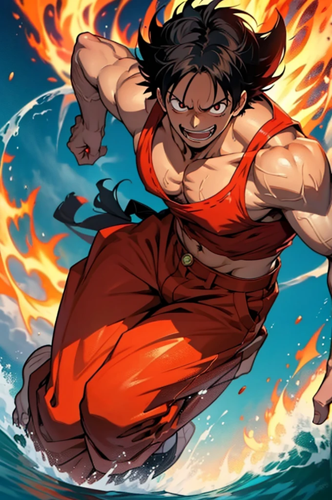 Monkey D. Luffy em sua forma Gear 5, as seen in One Piece. He's in a dynamic pose, with his body engulfed in red and black flames, emanating an intense aura. Your muscles are visibly enlarged, reflecting your increased strength. Luffy has his characteristic confident and determined smile, eyes shining with energy. Your straw hat is firmly placed on your head, and he&#39;s wearing his iconic pirate costume, with the straw hat flag visible. The background shows a tumultuous maritime environment, with waves and dark clouds, highlighting your aura of power. Image quality is detailed, with crisp textures and vibrant colors, capturing the full intensity of the moment.
