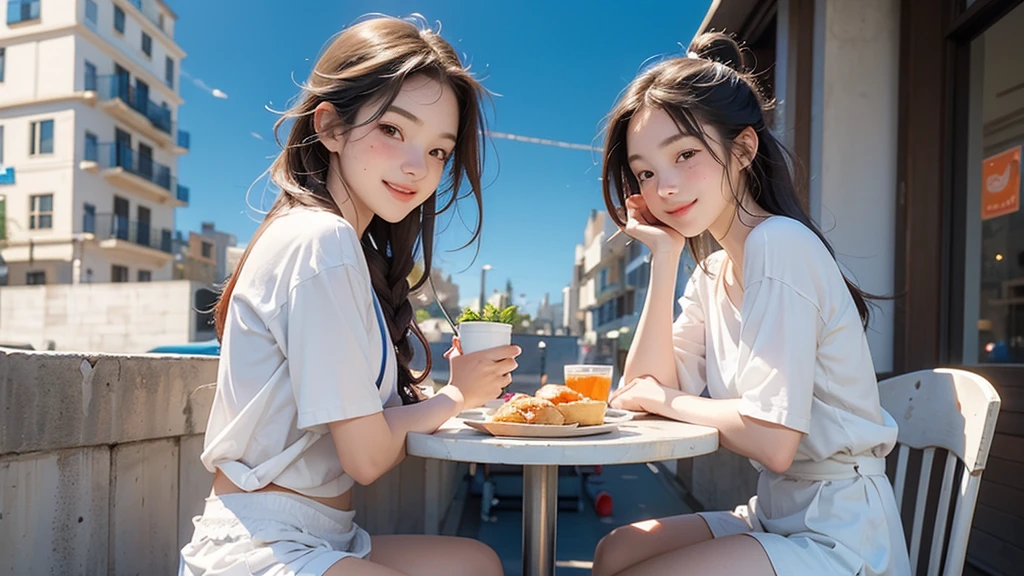 (masterpiece, Highest quality), Two Girls, young teen, , (white panties), close, (freckles), smile, eat, Sitting in a street café, (Lots of food:1.3), City Street, blue sky, Vibrant colors, bright, white, watercolor
