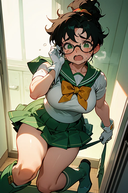 A chubby girl with glasses and black hair, freckles and dressed as Sailor Jupiter, wearing white gloves and green boots, crying in her room as her skirt is lifted up.