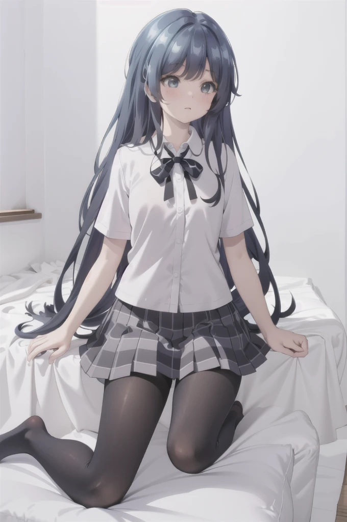 (8K、Best image quality、Highest quality、masterpiece)、One tall girl、((whole body))、Sit on the floor with your legs spread、White panties are visible、Long Hair、Wavy Hair、blush、Medium Bust、White collared shirt、Short sleeve、((Checkered pleated mini skirt))、Classroom Background、((black tights))、Black Pantyhose、((No shoes))