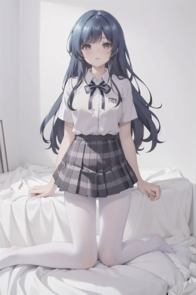 (8K、Best image quality、Highest quality、masterpiece)、One tall girl、((whole body))、Sit on the floor with your legs spread、White panties are visible、Long Hair、Wavy Hair、blush、Medium Bust、White collared shirt、Short sleeve、((Checkered pleated mini skirt))、Classroom Background、((black tights))、Black Pantyhose、((No shoes))