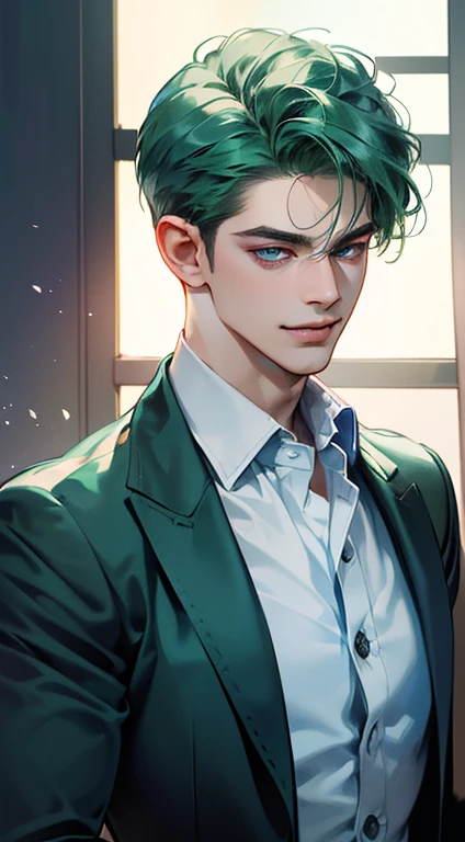 (best quality, masterpiece, 8K, photorealistic, cinematic lighting, 1:4 hdr image, ultra detailed, beautiful image), a mature man, 25 years very handsome, ((cold expression smile in love)), short green hair, blue eyes, face perfect without mistakes, ((buttoning his jacket, CEO)), smile.